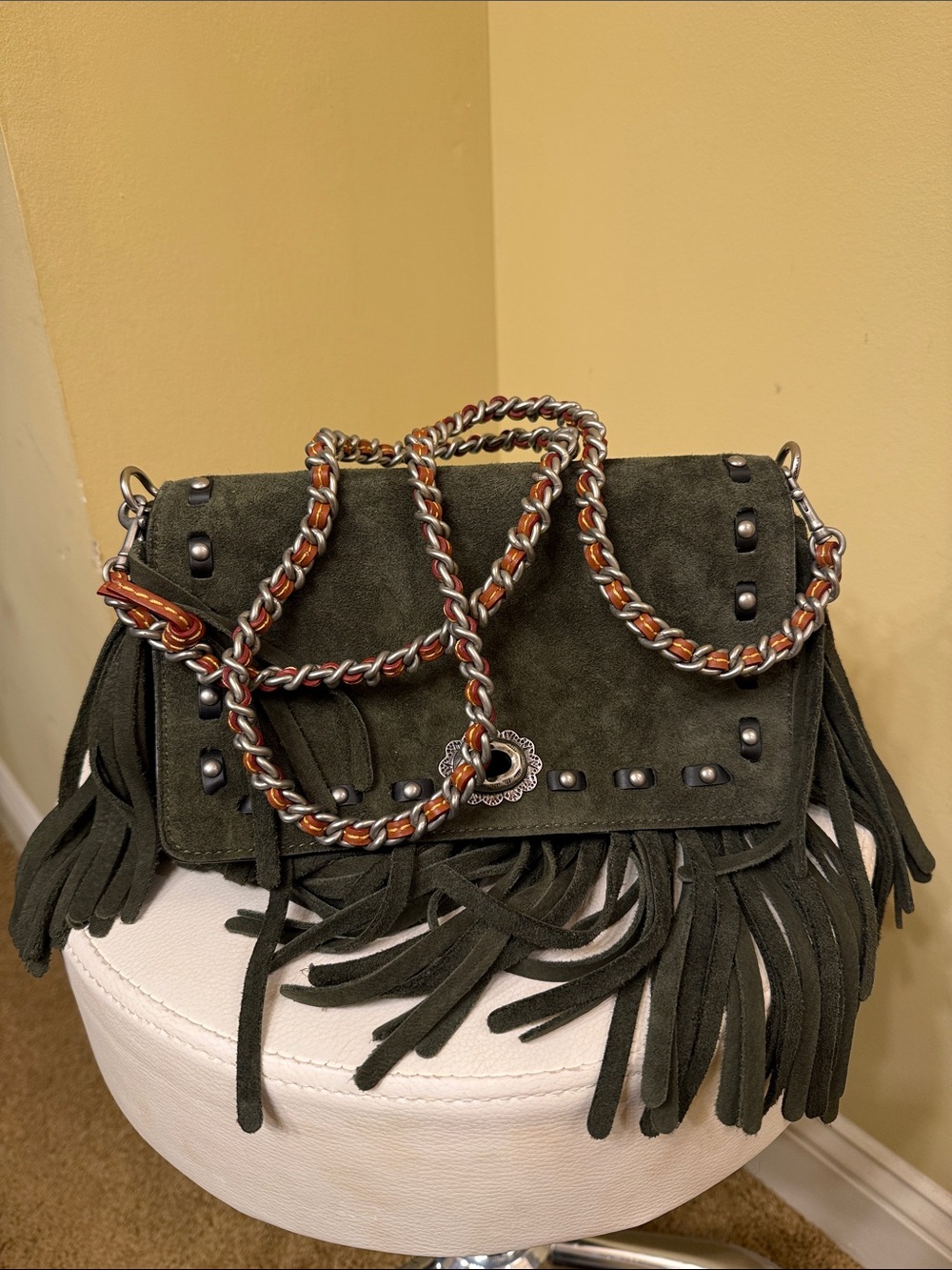 Coach 1941 Olive Suede Fringe Shoulder Bag with Silver Studs - Picture 9 of 9